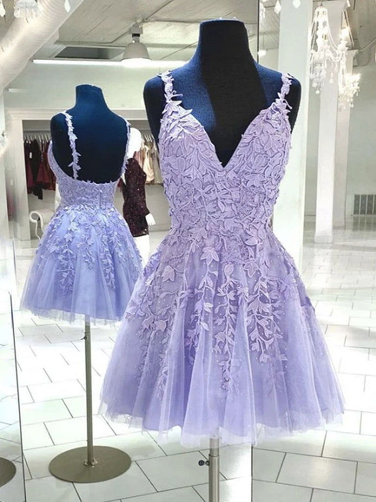 Short V Neck Purple Lace Prom Dresses ...